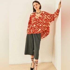 Momoni Bergerac Shirt in Panna Printed Silk Crepe de Chine - Cream/Red US 2 IT40